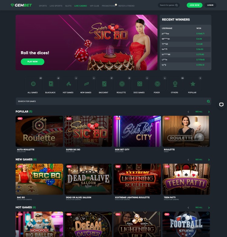 Example of Gembet live casino options